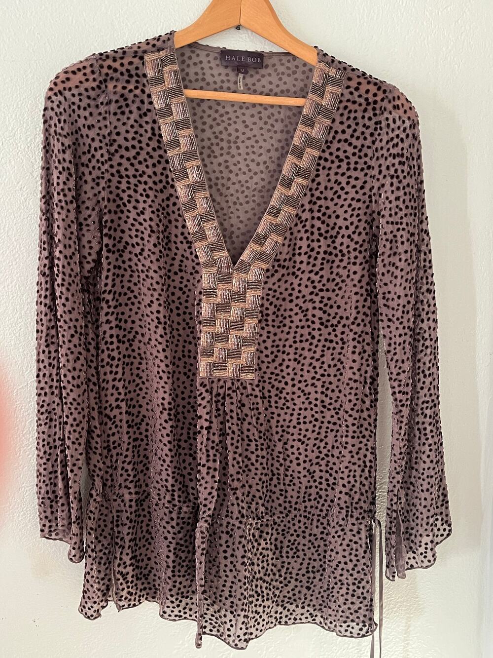 Womens Hale Bob Sheer Beaded Silk Polka Dot  Brown Blouse V Neck Top Size Medium